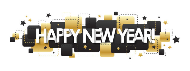 HAPPY NEW YEAR! vector typography banner with gold and black squares and stars