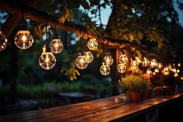 Decorative outdoor string lights hanging on tree in the garden at night time