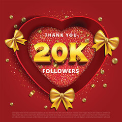 Wall Mural - Thank you 20k followers, social media followers celebration vector template with red love box and gold ribbon