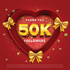Wall Mural - Thank you 50k followers, social media followers celebration vector template with red love box and gold ribbon