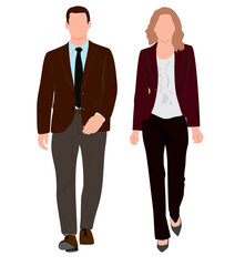 Wall Mural - Pair of business man and woman in different pose walking.  Business people posing. 