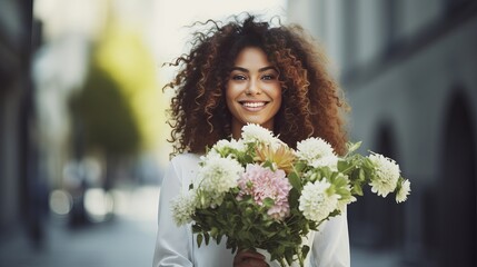 A portrait of a woman who is happy and holding a bunch of flowers.