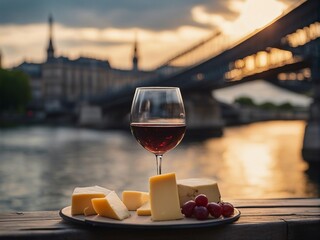 glass of wine and cheese by the river Seine, Paris city
