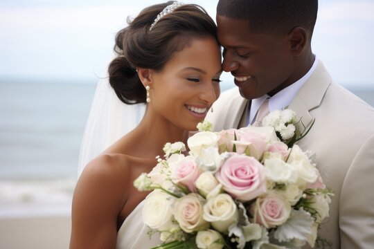 Happy smiling bride and groom, African American wedding couple