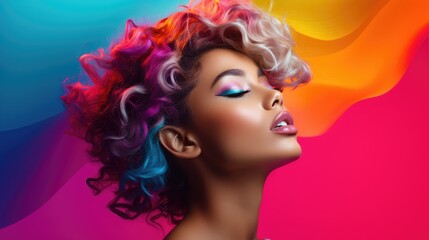 Wall Mural - High fashion model woman in colorful bright lights posing in studio, Portrait of beautiful sexy girl with trendy make-up on colorful background.