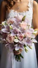 Poster - Beautiful fresh bouquet of flowers in the hands of the bride close-up