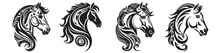 Set Of Horse Heads, Black And White Vector Graphics, Pattern Illustration Outline Silhouette