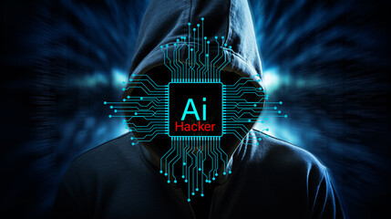  Ai Cybersecurity and privacy concepts to protect data. Internet network security technology. Ai Hacker hoodie dark theme. AI technology hacker. concept Cybersecurity AI Artificial Intelligence..