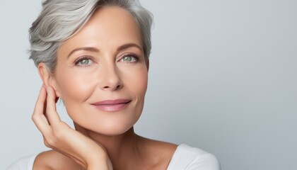 happy middle-aged woman posing on white background, touching face, portrait of sophisticated senior 