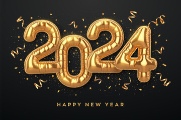 Wall Mural - Happy New Year 2024. Golden foil balloon numbers on black background. High detailed 3D realistic gold foil helium balloons. Merry Christmas and Happy New Year 2024 greeting card. Vector illustration.