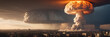 A massive mushroom cloud explosion towers over a city from a nuclear detonation
