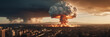 A massive mushroom cloud explosion towers over a city from a nuclear detonation