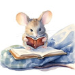Mouse reading a book, watercolor illustration.