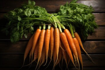 Wall Mural - Carrots fresh overhead group lined up on old rustic brown wooden table in studio