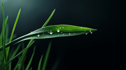 Wall Mural - Closeup of Fresh Green Leaf with Dew Drops on Black Background