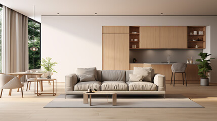 Wall Mural - A modern minimalist home interior design with clean lines, sleek furniture, and neutral color palette, featuring an open-concept living space connected to a spacious kitchen, bathed in natural light	