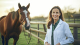 Fototapeta  - Portrait and woman doctor at farm, care or smile, animal or nature. Vet, nurse and equine healthcare expert helping for wellness.