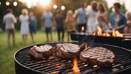 Wall Mural - close-up of fried steaks on the barbecue, blurred image of people having fun together in the background
