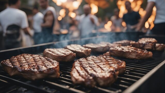 close-up of fried steaks on the barbecue, blurred image of people having fun together in the backgro