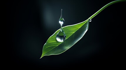 Wall Mural - Closeup of Fresh Green Leaf with Dew Drops on Black Background