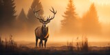 Fototapeta  - The same elk stands in the soft glow of dawn, its silhouette now warmed by the rising sun.