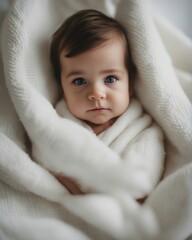portrait of cute little american baby kid wrapped in soft white blanket on a bed