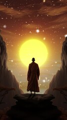 Wall Mural - An animated scene with a silhouetted monk standing before the sun, swirling stars, and clouds.