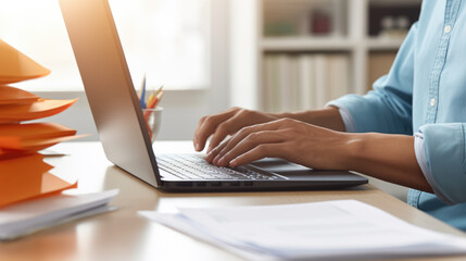 Wall Mural - Close-up of a man's hands typing on a laptop keyboard, with a stack of paperwork beside them