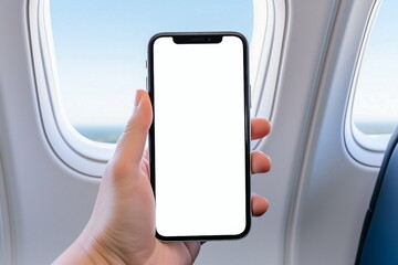 man hand hold white blank screen mobile phone in airplane cabin