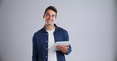 Poster - Happy, man and face with tablet in studio for social network, ebook subscription or streaming multimedia. Portrait, guy and digital technology to search, download or scroll website on grey background