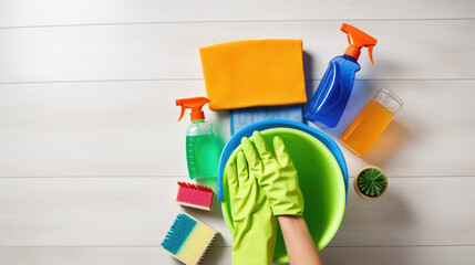 Person in casual attire and protective gloves holding a bucket filled with cleaning supplies