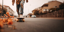 Skateboarder riding on a longboard on a city street