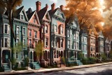 Create a scene featuring a row of Victorian townhouses in a historical district. Emphasize the unique architectural elements, vibrant colors, and the cohesive charm of the neighborhood.