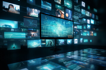 digital media wall behind a dark screen, in the style of multiple perspectives