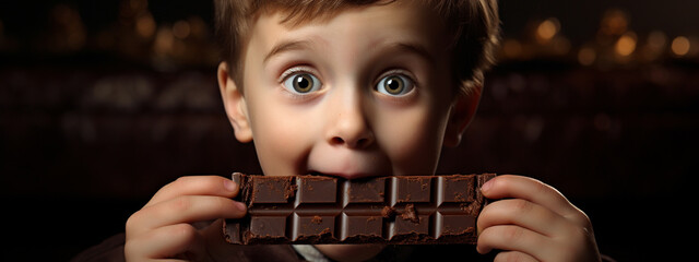 Wall Mural - close-up portrait of a boy eating chocolate. the harm of sweets for the teeth.