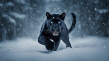 Panther Running Towards The Camera In Snowfall

