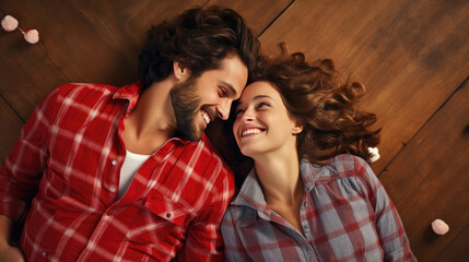 Sticker - Happy couple lying on a wooden floor surrounded by red and white heart-shaped cutouts