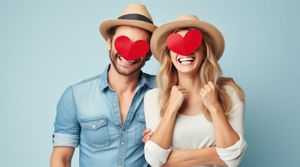 Sticker - Happy couple celebrates valentine's day wearing heart-shaped glasses