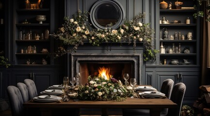 Wall Mural - a christmas dining room with candles on the table and some flowers near a fireplace,