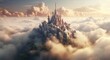 a fairytale castle rising up from the clouds in the sky,