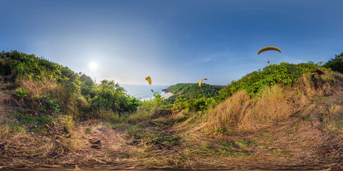 Wall Mural - 360 hdri panorama with high mountain on ocean coast in equirectangular spherical seamless projection