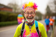 
Medium shot portrait photography of a a pleased man in his 70s that is wearing colorful jogging outfit with Easter-themed headband against participating in an Easter-themed charity run background