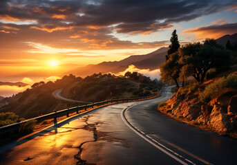 Wall Mural - Road with sunset over the mountains. AI generated