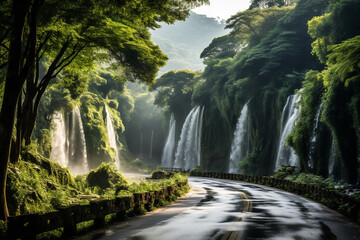 Wall Mural - Landscape formed by very high waterfalls and green vegetation. Romantic landscape. AI generated