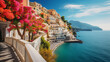 Amalfi Coast with colorful houses and blue sea. ai generated.