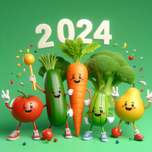 2024, Happy New Year Celebration For Cards Or Digital Background With Vegetables. New Year With Healthy Food. AI Generated