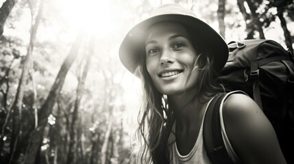 Wall Mural - Adventurous mountaineer woman with backpack