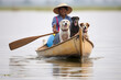 © ADDICTIVE STOCK - Asian man paddles a canoe with his three happy dogs on board. Generative AI