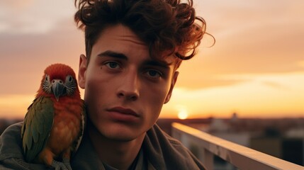 Wall Mural - Young man posing with his colorful bird