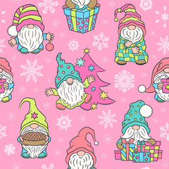 Wall Mural - Christmas gnomes seamless pattern colorful repeat design. Cute Scandinavian gnome, snowflakes on pink background. Alternative holiday colors. Pinkmas theme. Endless tile. Fun cartoon dwarf characters.